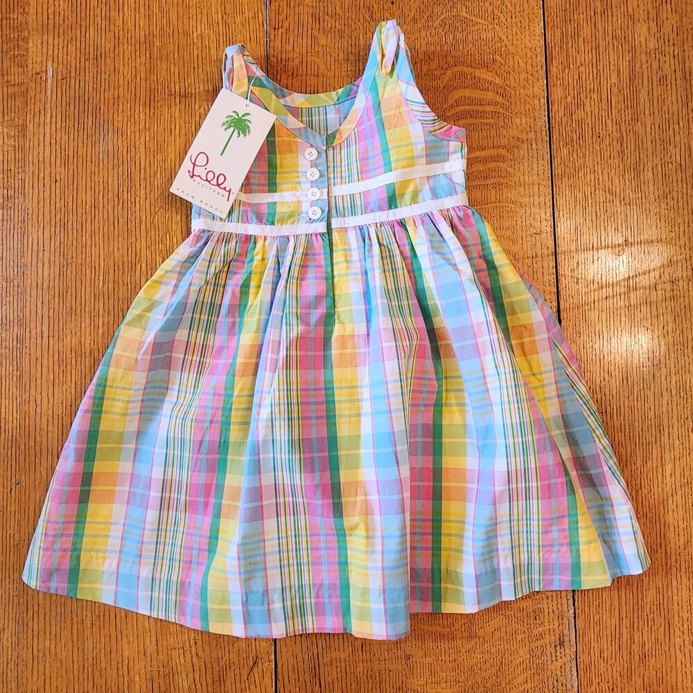 Vintage Lilly Pulitzer Girls 2T Madras Plaid Bow Shoulder Dress NWT - Picture 2 of 10
